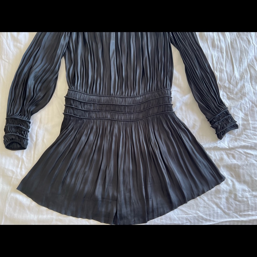 FRAME Women’s Pleated Pleat V Neck Long Sleeve Dress Smocked Black Size XS New - Picture 14 of 16
